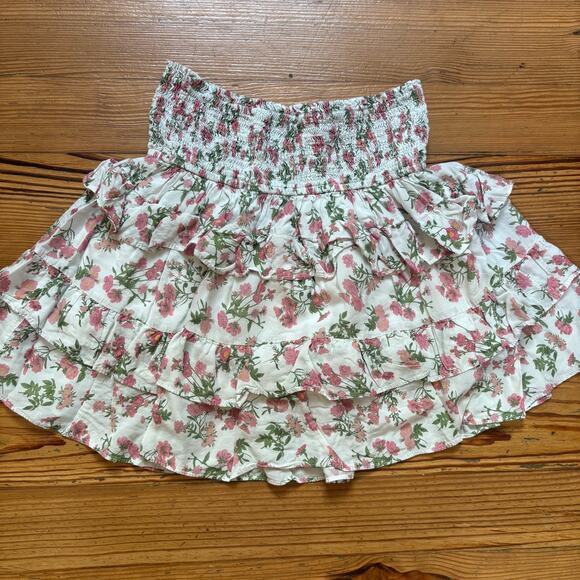 Olivaceous Tops - Olivaceous white pink floral ruched smocked tiered ruffle strapless top SIZE M